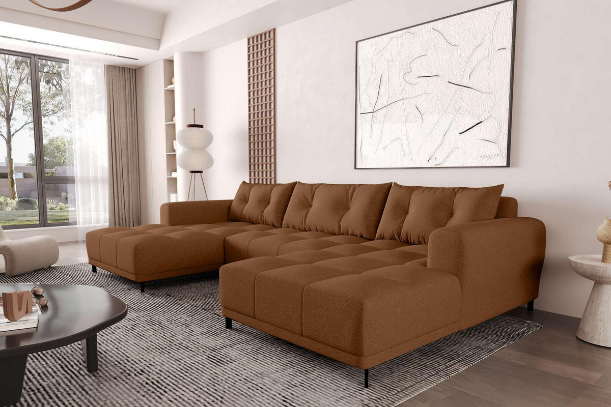 WOHNLANDSCHAFT Strukturstoff Rostfarben inkl. Schlaffunktion - Rostfarben/Schwarz, Textil/Metall (348/94/181cm) - 99rooms