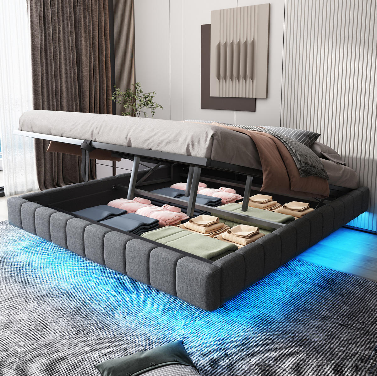 SCHWEBENDES Polsterbett aus Leinen 180x200 cm Grau mit Bettkasten und LED-Beleuchtung - Grau, Textil (180/200cm) - IVMEU