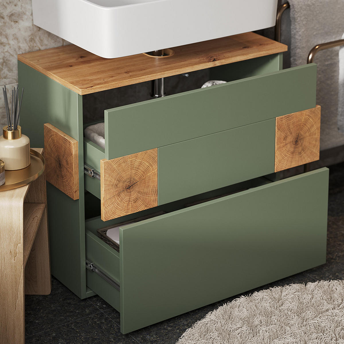 WASCHBECKENUNTERSCHRANK Eden Grün/Artisan 70 x 64.5 cm mit 2 Schubladen - Hellgrau/Grün, Holzwerkstoff (70/64.5/37cm) - Vicco