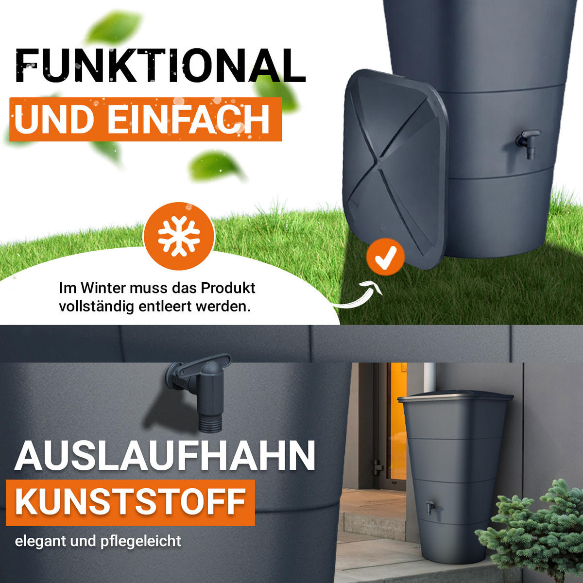 REGENTONNE eckig 200 L graphite grey inkl. Deckel und Hahn - Grau, Kunststoff (59.8/107/59.8cm) - GARANTIA