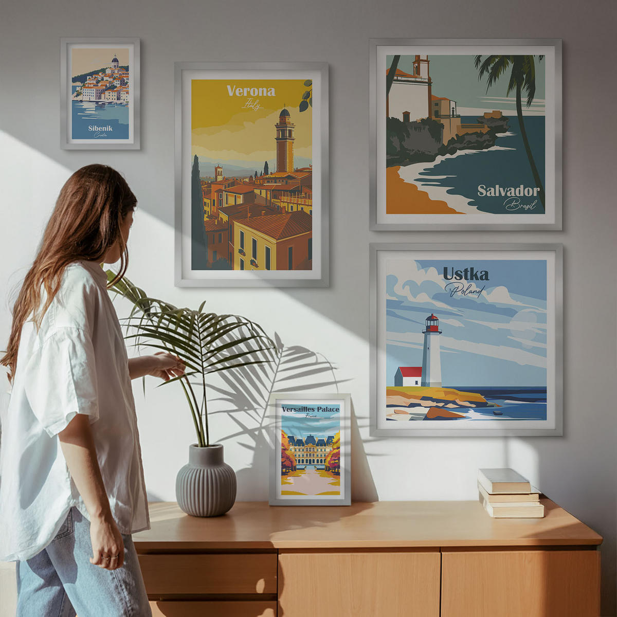 WANDBILDER 5er Set - 50x50 cm & 20x30 cm & 40x60 cm Silberner Rahmen - Europäische Städte in farbigen Illustrationen - Silberfarben, Kunststoff (40/60cm) - ArtPrintCave