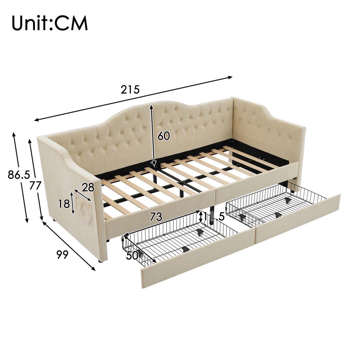 POLSTERBETT aus Samt 90x200 cm in Beige mit USB, Type-C & 2 Schubladen - Beige, Textil (90/200cm) - Modfu