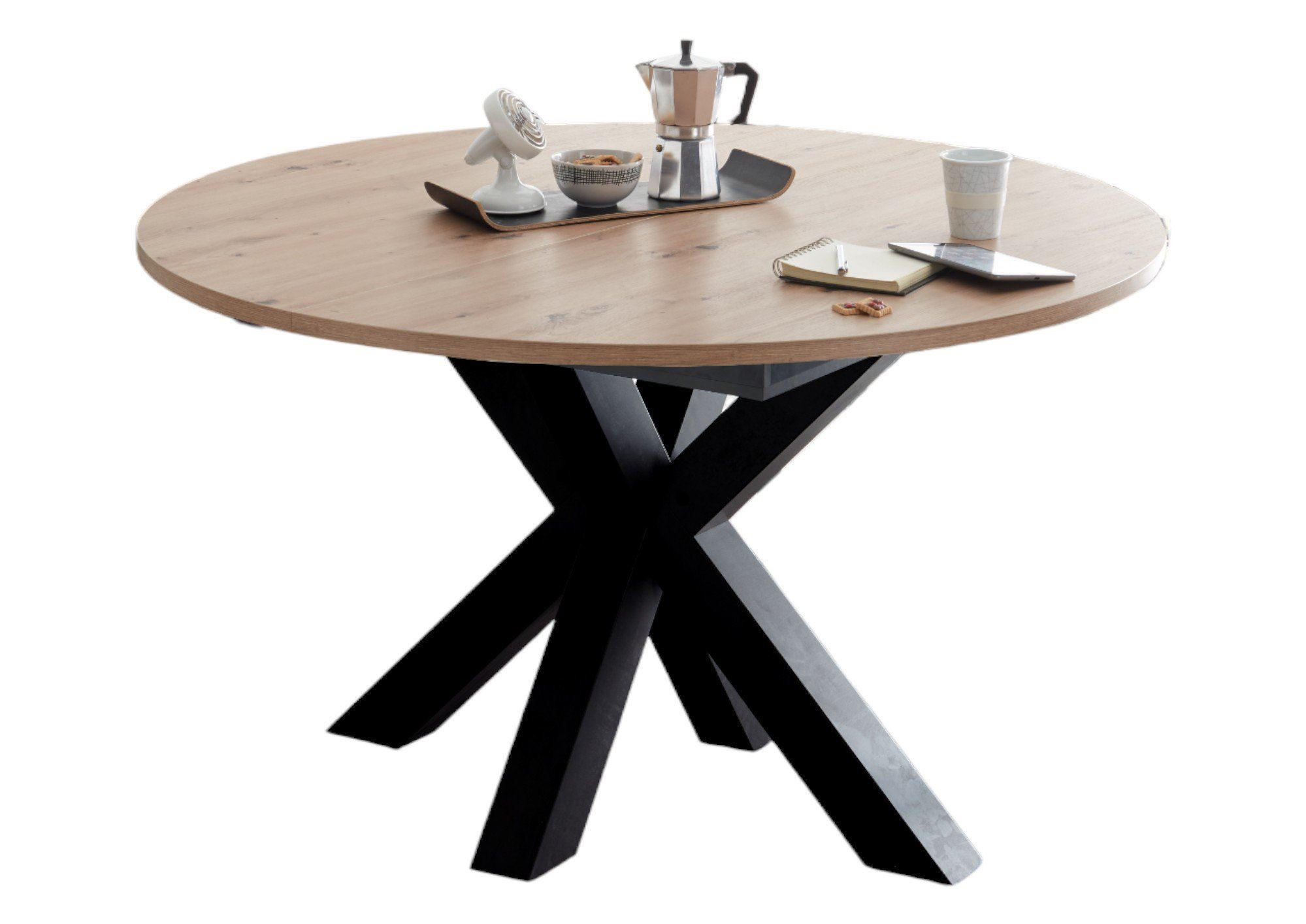 ESSTISCH Rund ausziehbar Edda 9 130 x 130 x 78 Küchentisch Schwarzstahl/Asteiche - Naturfarben, Holz (130/130/78cm) - 58aufmkessel