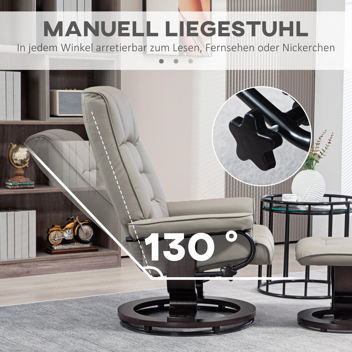 RELAXSESSEL mit Hocker, Drehbar Fernsehsessel mit Liegefunktion Kunstleder, Grau - Grau, Leder (85/104/76cm) - HOMCOM
