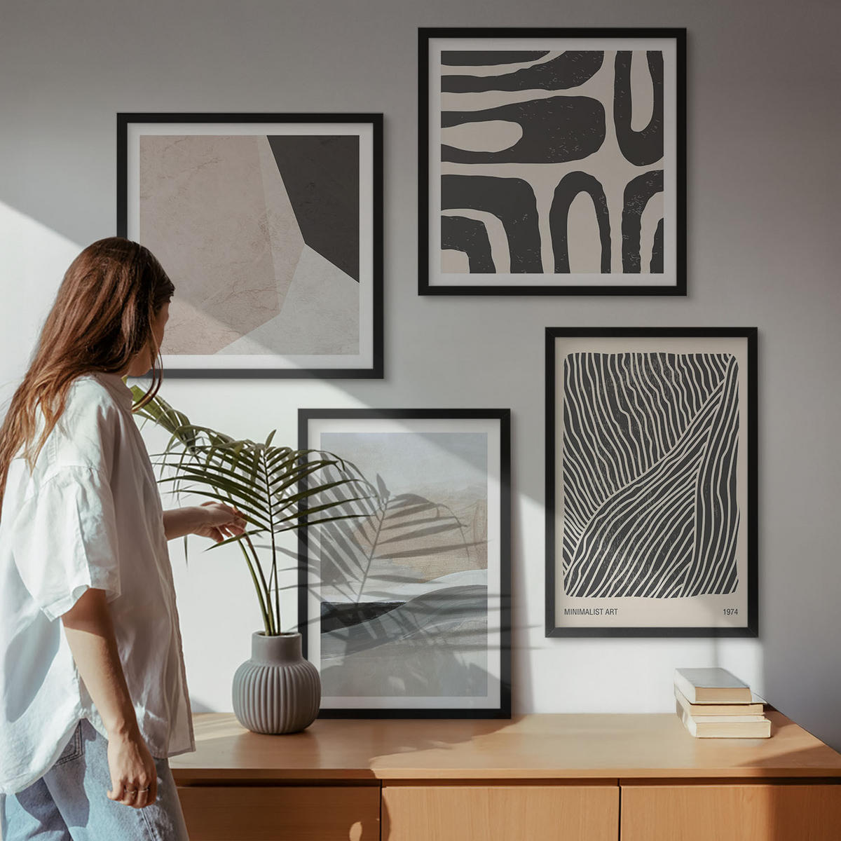 WANDBILDER 4er-Set - 50x50 cm & 40x60 cm Schwarzer Rahmen - Abstrakte Boho-Dekorationsmuster - Schwarz, Kunststoff (50/50cm) - ArtPrintCave