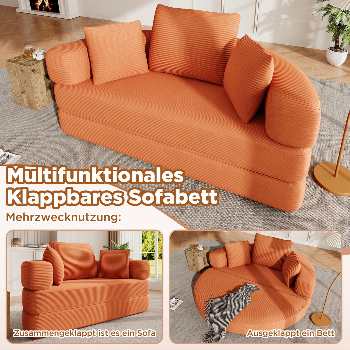 KLAPPSOFA Cord Samt-Optik 2-in-1 Sofa und Bett 173/176/40 cm Orange - Orange, Textil (176/40/173cm) - Redom