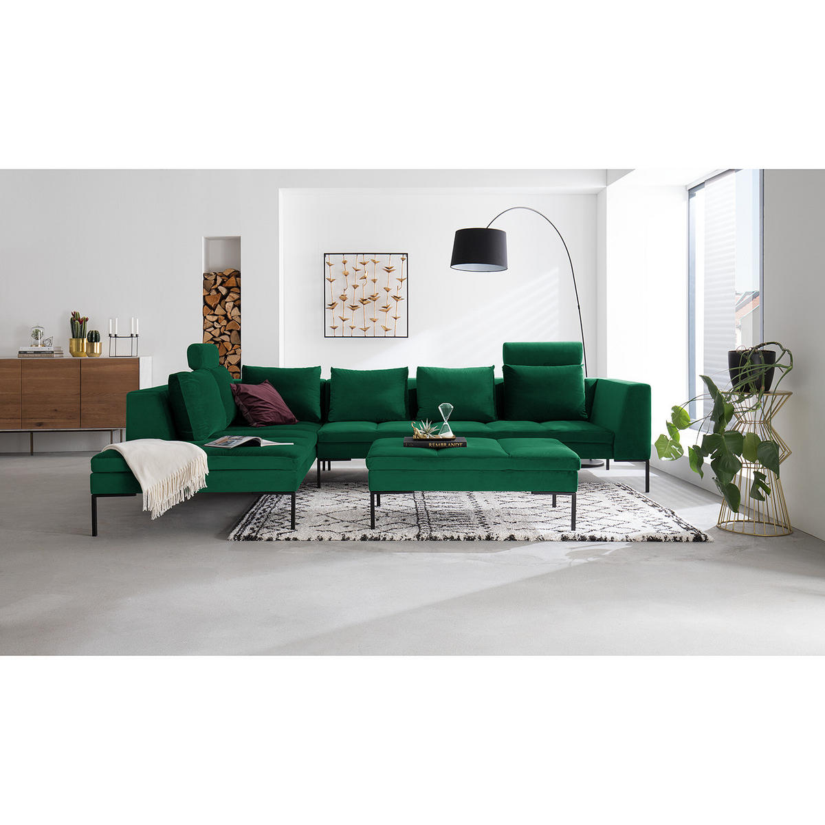 ECKSOFA mit Ottomane - Dunkelgrün/Schwarz, Textil/Metall (319/230cm) - home24