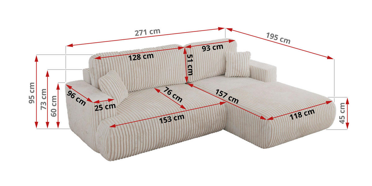 ECKSOFA OVO L Beige Cord - Links Seite - Beige/Schwarz, Kunststoff/Textil (271/195cm) - MKS