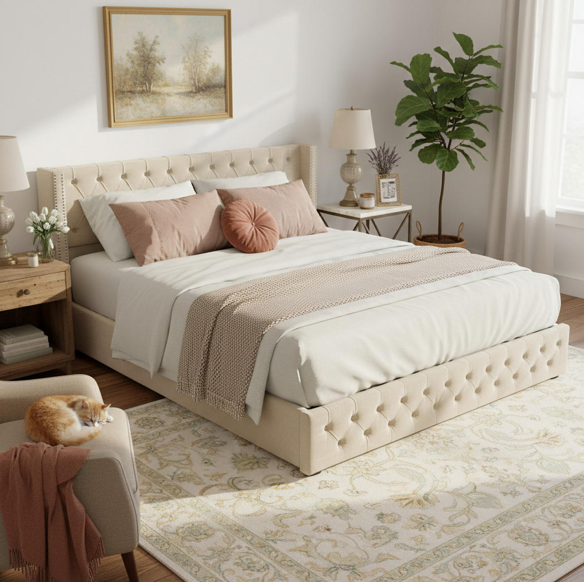 POLSTERBETT aus Samt 140x200 cm in Beige mit hydraulischem Bettkasten - Beige, Textil (140/200cm) - Modfu