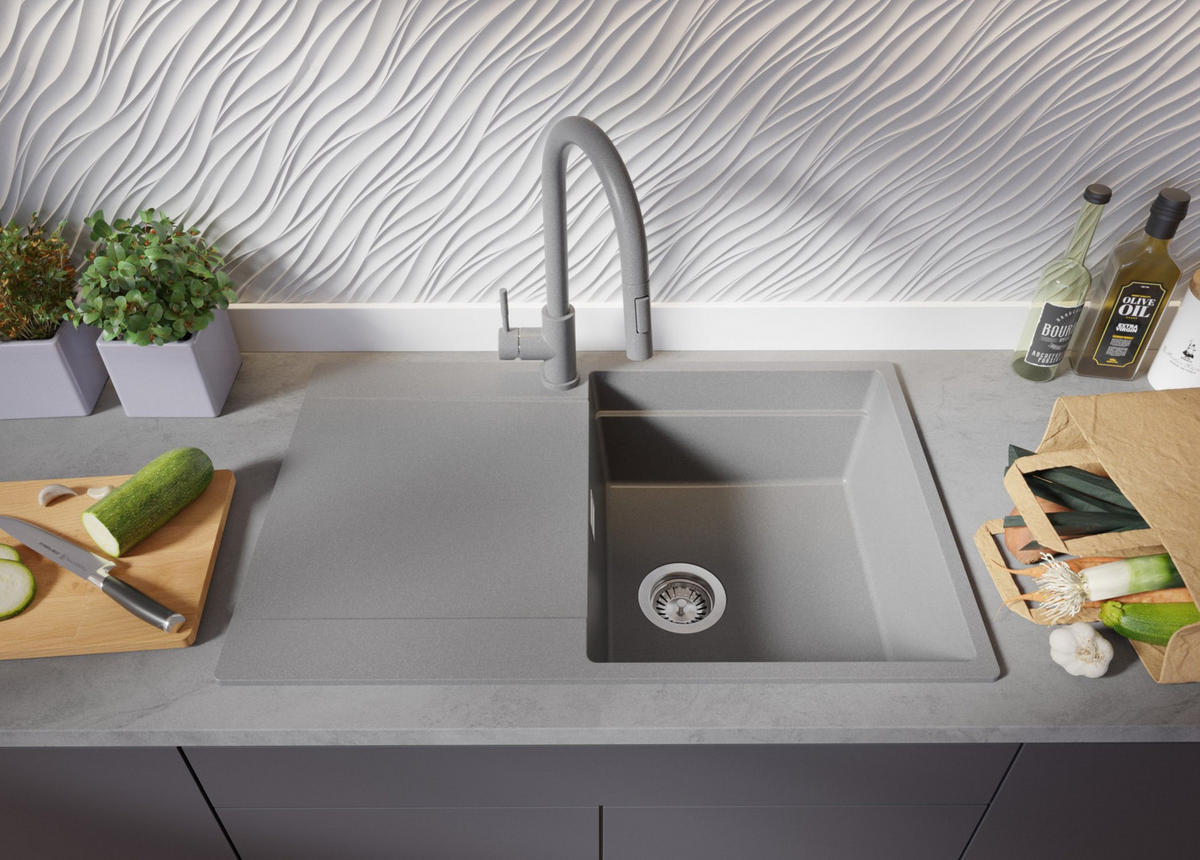 SPÜLBECKEN San Francisco, 2-er set Grau 78/50 cm 1 Becken + Ablauf-Set + Aufrollbare Abtropffläche ab 50er Unterschrank - Chromfarben/Grau, Kunststoff (78/20/50cm) - Primagran