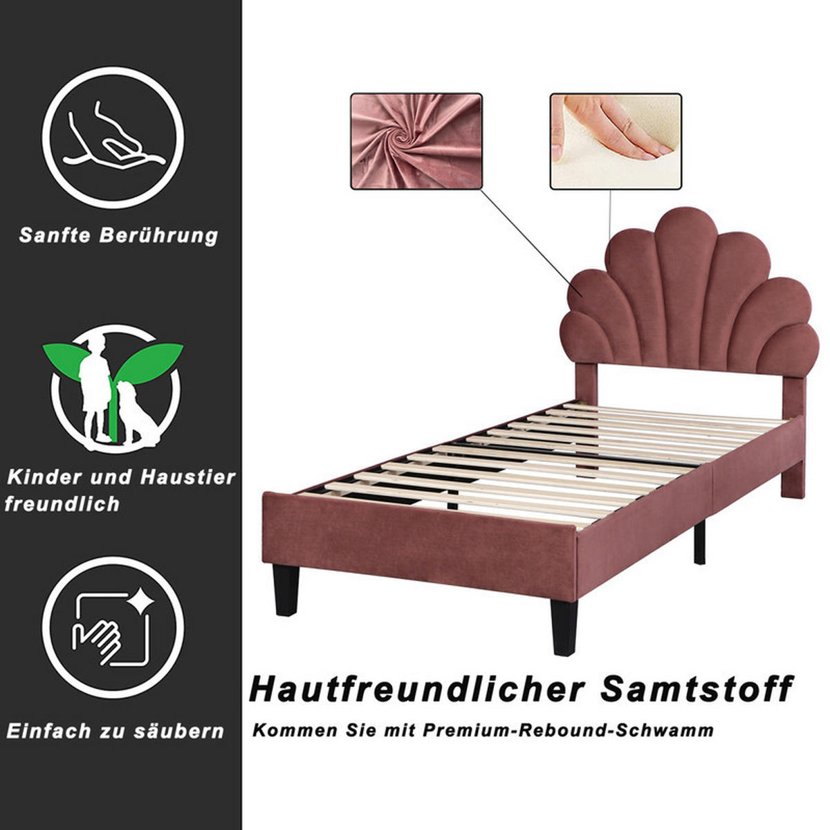KINDERBETT 90x200 cm, mit floralem Kopfteil und Lattenrost, Samt, Mordeauxrot - Rot, Holz (90/200cm) - WoodenAura