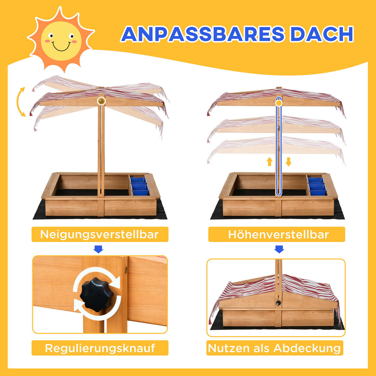 SANDKASTEN, Gelb, Tannenholz, Vliesboden, Polyester, Kunststoff - Gelb, Holz (107.5/107.5/110cm) - Outsunny