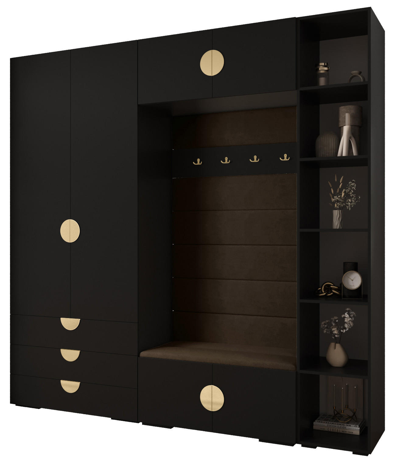Abiks Möbel Garderoben-Set Schwarz, Braun, Gold 240x236.7x47 cm