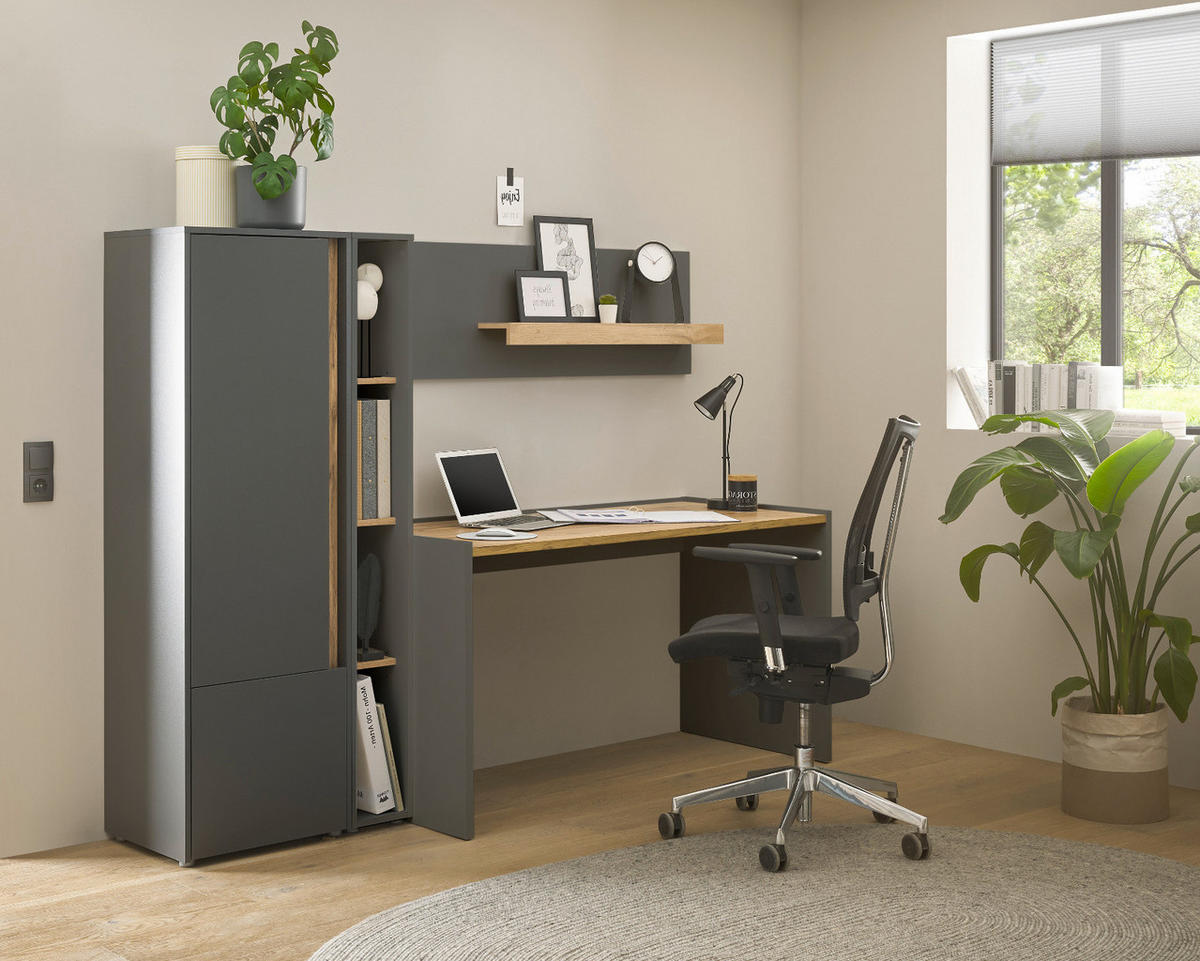 SCHREIBTISCHKOMBINATION 4-teilig grau matt, Eiche Wotan 213 cm, Büromöbel Set mit viel Stauraum - Eichefarben/Eiche Wotan, Holz/Holzwerkstoff (62/213/155cm) - Furn.Design