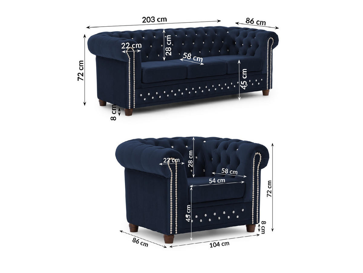 SITZGARNITUR 3+1 Chesterfield Cleo Blink Marineblau Samt mit Kristallsteppung und braunen Massivholzfüßen - Blau/Braun, Holz/Textil (203/72/86cm) - S-Style Möbel