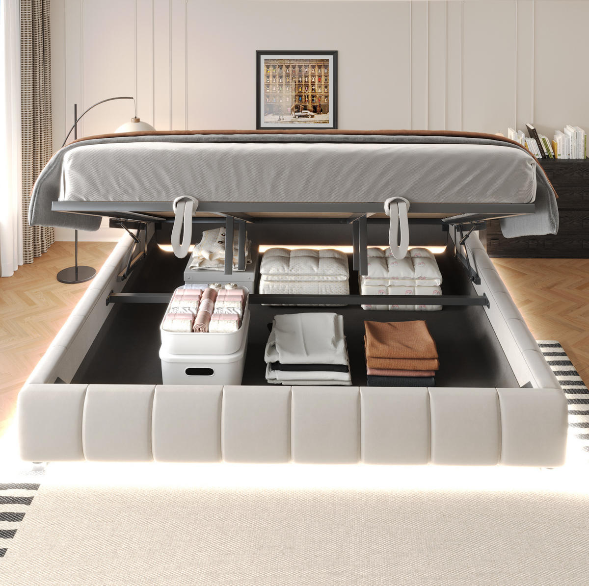 POLSTERBETT mit Stauraum und LED 180x200 cm Samt Beige - Beige, Metall (180/200cm) - Beauniv