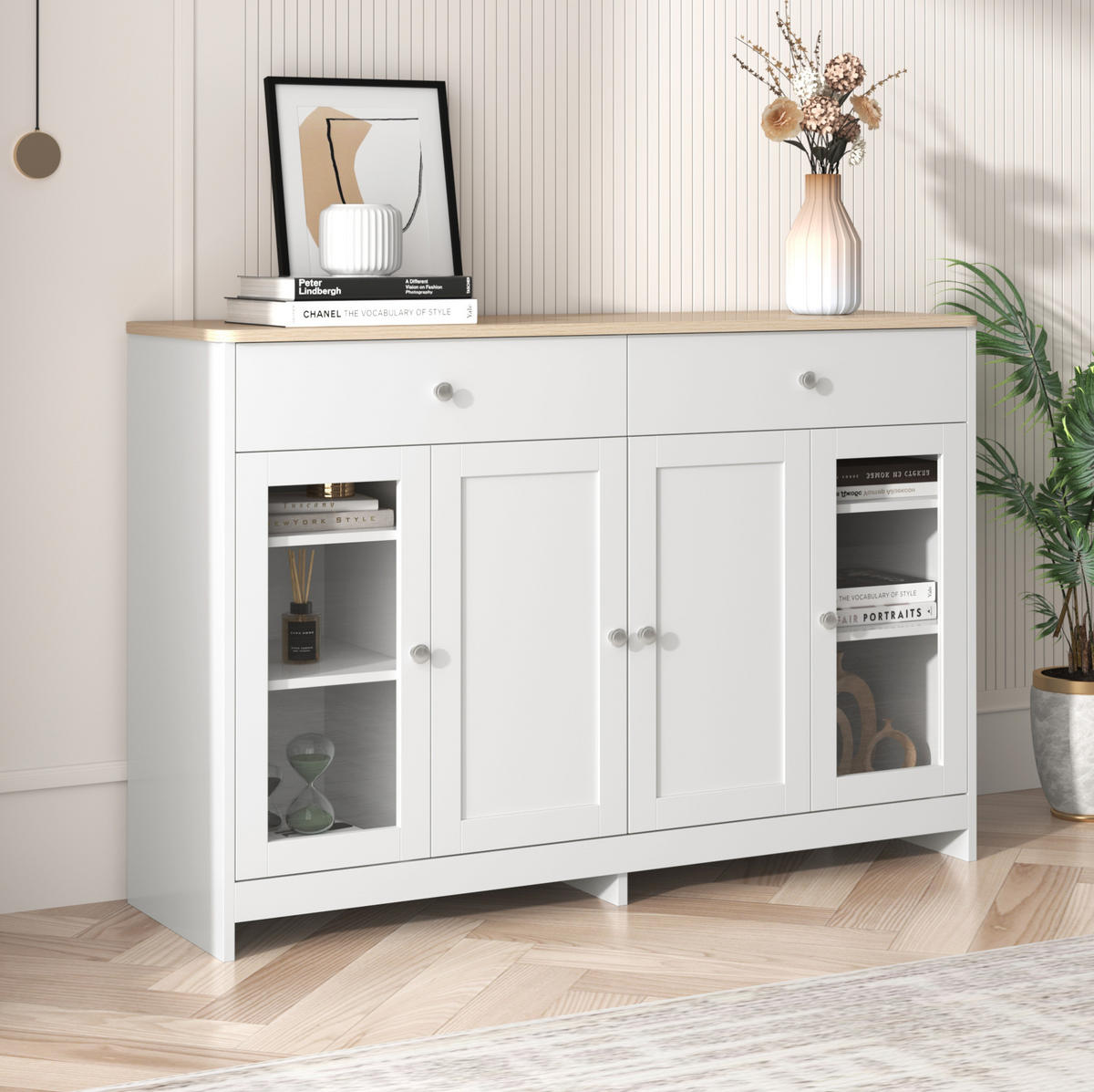 SIDEBOARD 120/37/80 cm weiß/Holzfarbe aus MDF mit Stauraum - Weiß, Holzwerkstoff (120/80/37cm) - OKWISH