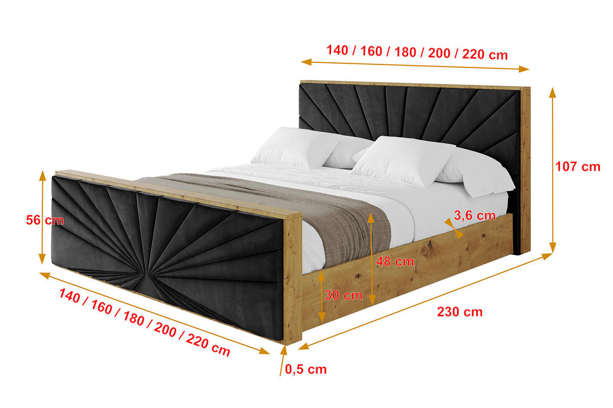 POLSTERBETT mit Bettkasten, Fußteil und Lattenrost, Boxbett mit Matratze H3/H4 - ENZO6-Z 200x200 Schwarz - Schwarz, Holzwerkstoff/Textil (200/200cm) - ALTDECOR