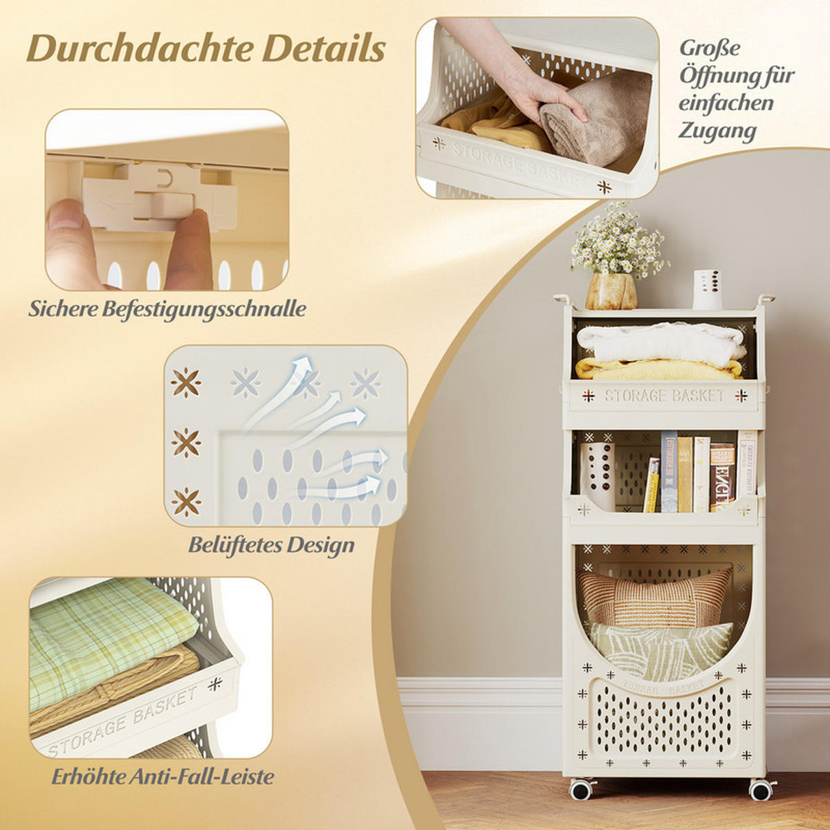 WÄSCHEKORBWAGEN Faltbarer beige - Beige, Kunststoff (40/100/30cm) - COSTWAY