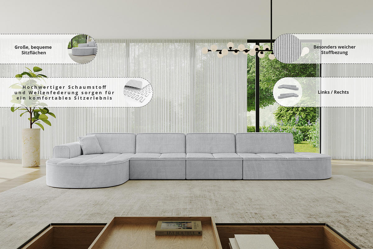 ECKSOFA Ottomane Links TARO-L3 - 413x171x79,5 cm Grün - Grün, Holzwerkstoff/Textil (413/171cm) - ALTDECOR