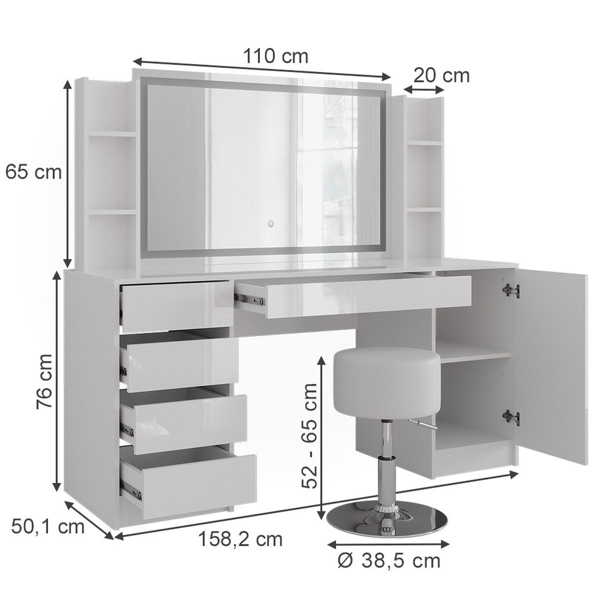 SCHMINKTISCH Sherry Weiß/Weiß Hochglanz 158.2 cm 5 Teile - Weiß Hochglanz, Holzwerkstoff (158.2/76/50.1cm) - Vicco