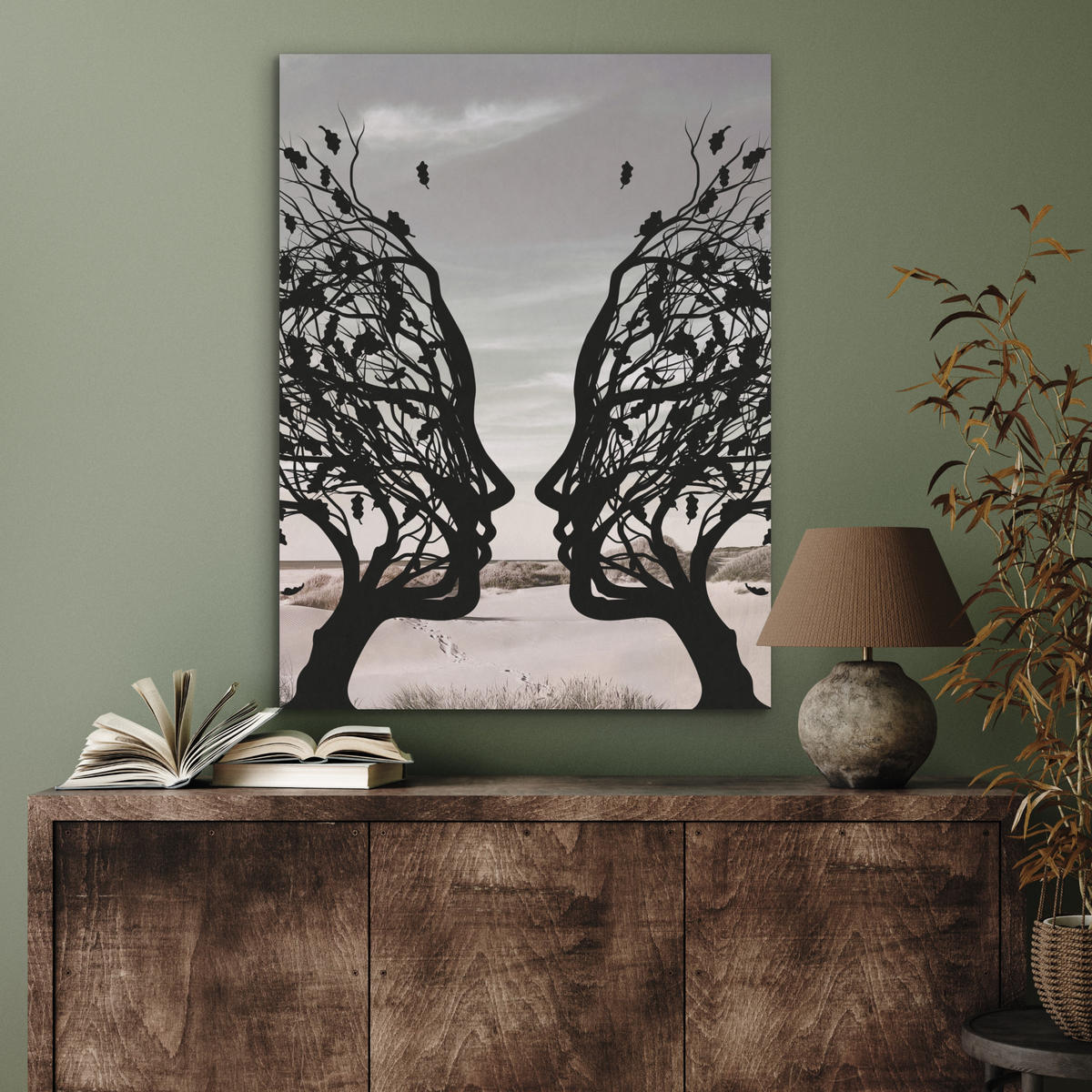 AKUSTIKPANEEL Strand - Meer - Menschen - Baum - Moderne Kunst 60x80 cm - Hellgrau, Textil (60/0.9/80cm) - MuchoWow