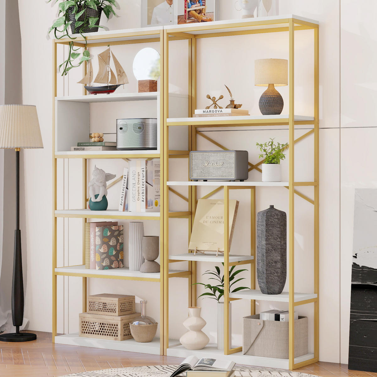 BÜCHERREGAL Gold Weiß X-Verstrebung Mehrfachfächer modern stabil - Goldfarben, Holzwerkstoff/Metall (160/180/39.5cm) - EVRYAE