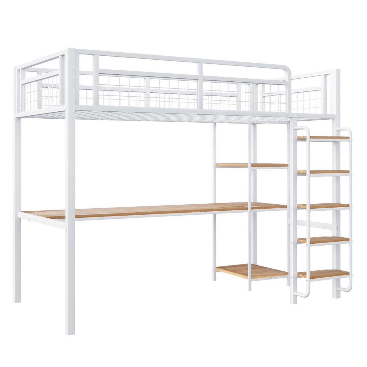 HOCHBETT 90/200 cm in Weiß mit Schreibtisch, Regalen und Sicherheitsleiter - Weiß, Metall (90/200cm) - Flora Grace