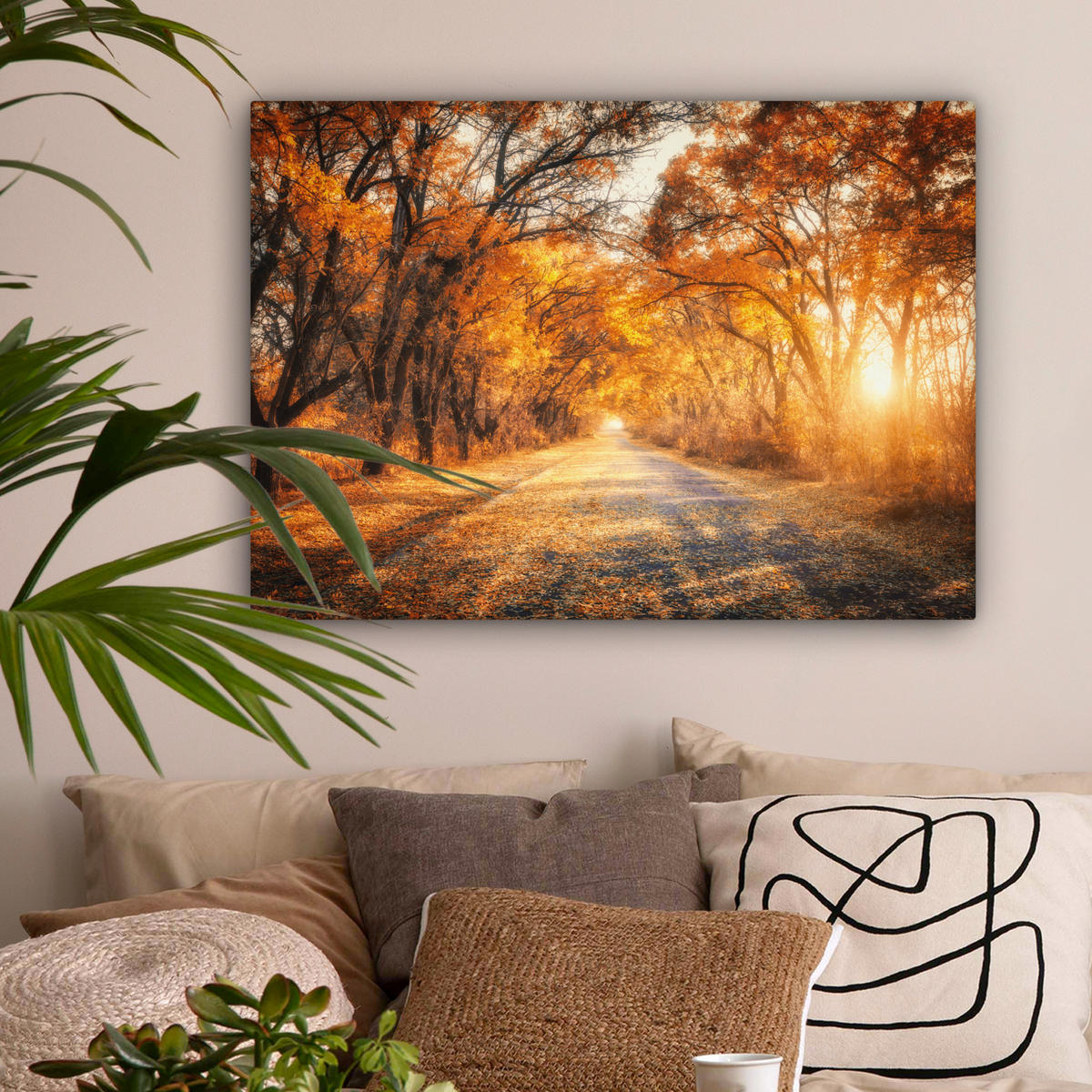 LEINWANDBILD Wald - Herbst - Bäume - Waldweg - Natur Wandbilder 80x60 cm - Bernsteinfarben, Textil (80/60cm) - MuchoWow