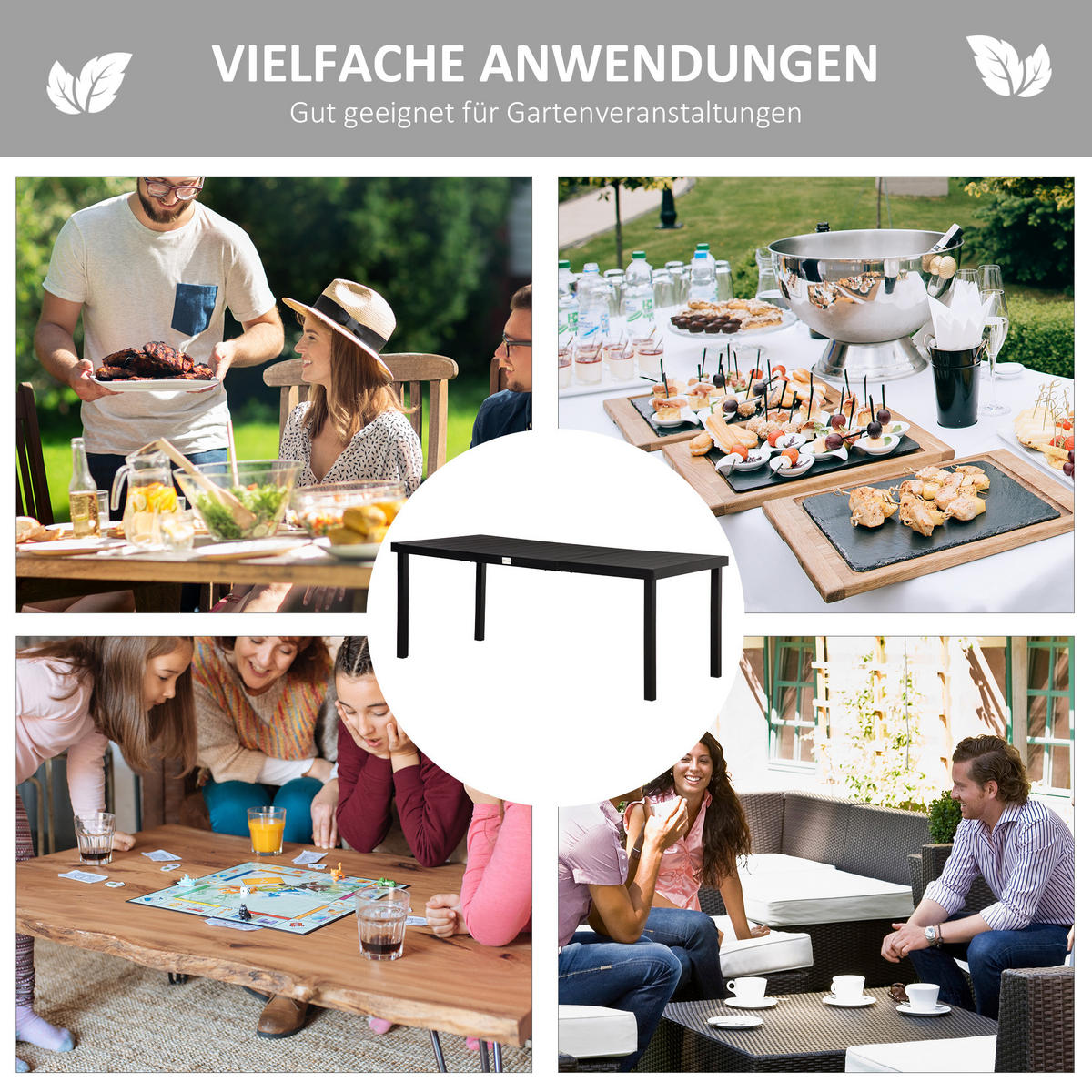 GARTENTISCH, Esstisch, für 8 Personen, pflegeleicht, Alu, Kunststoff, Schwarz - Schwarz, Kunststoff/Metall (190/90/74cm) - Outsunny