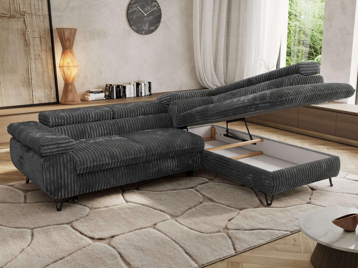 ECKSOFA PABLO L Dunkelgrau Cord - Rechts Seite mit Visco Topper - Dunkelgrau/Schwarz, Textil/Metall (273/208cm) - MKS