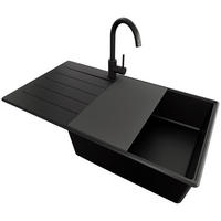 GRANITSPÜLE Kopenhagen, 2-er set Alles Schwarz 90/50 cm 1 Becken + Küchenarmatur 32/20 cm + Ablauf-Set + Schneidebrett ab 60er Unterschrank - Schwarz, Kunststoff (90/20/50cm) - Primagran