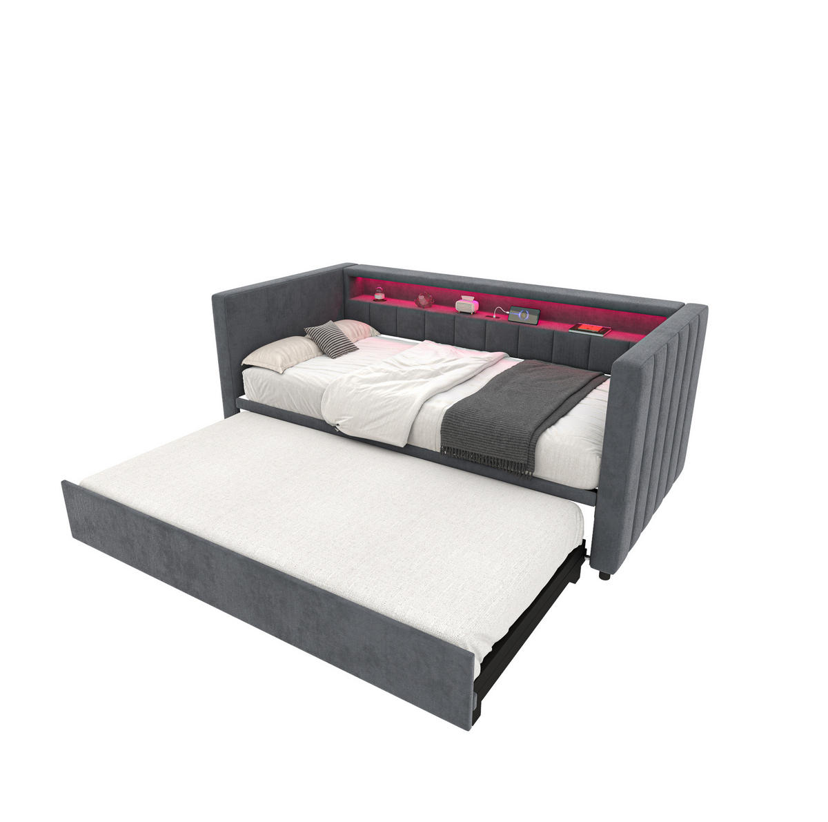 SCHLAFSOFA 90/190 cm mit Ausziehbett, LED-Beleuchtung, USB-Type-C und Samtbezug, Dunkelgrau - Dunkelgrau, Textil (201/73/100cm) - Redom