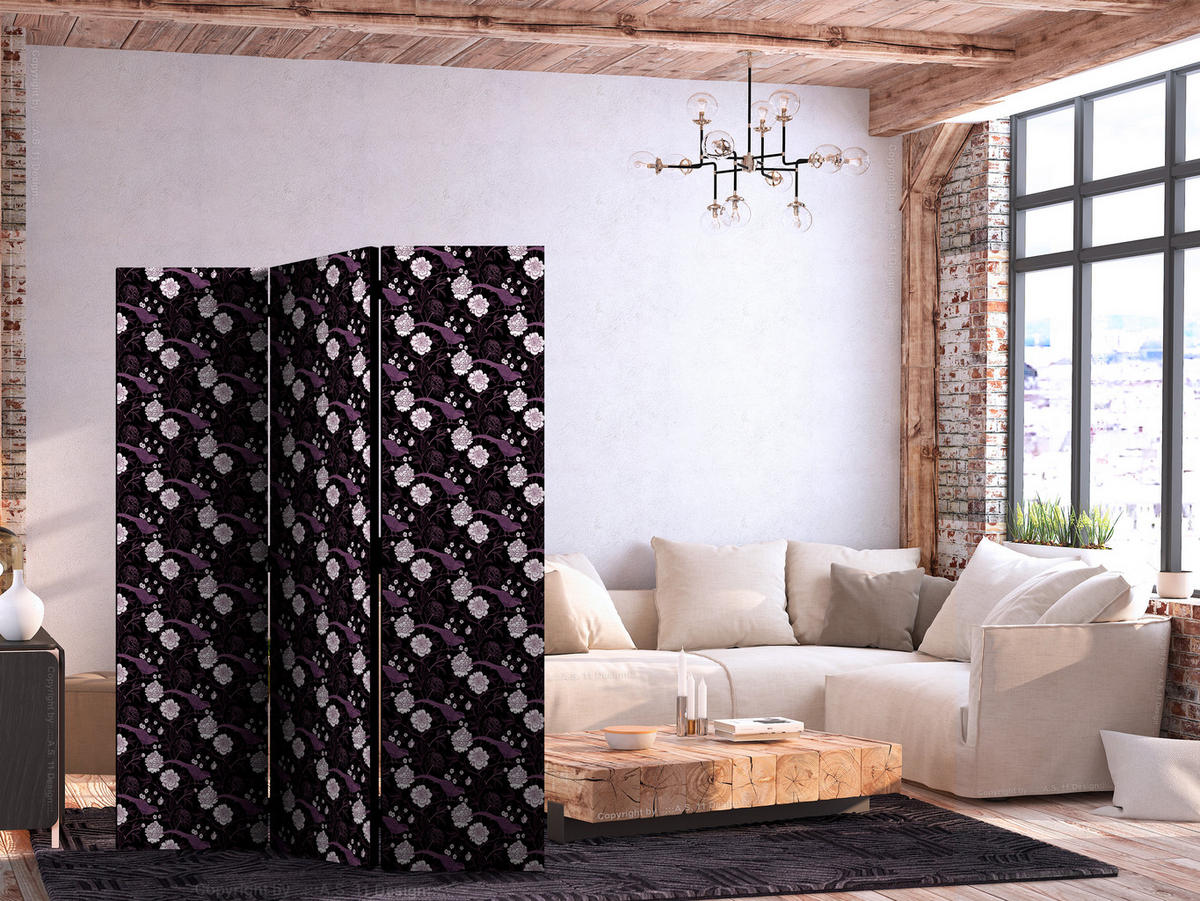 PARAVENT Akustik 3-tlg 135x172 cm V gel und Pfingstrosen - Schwarz, Holz/Textil (135/172/3cm) - Muralo