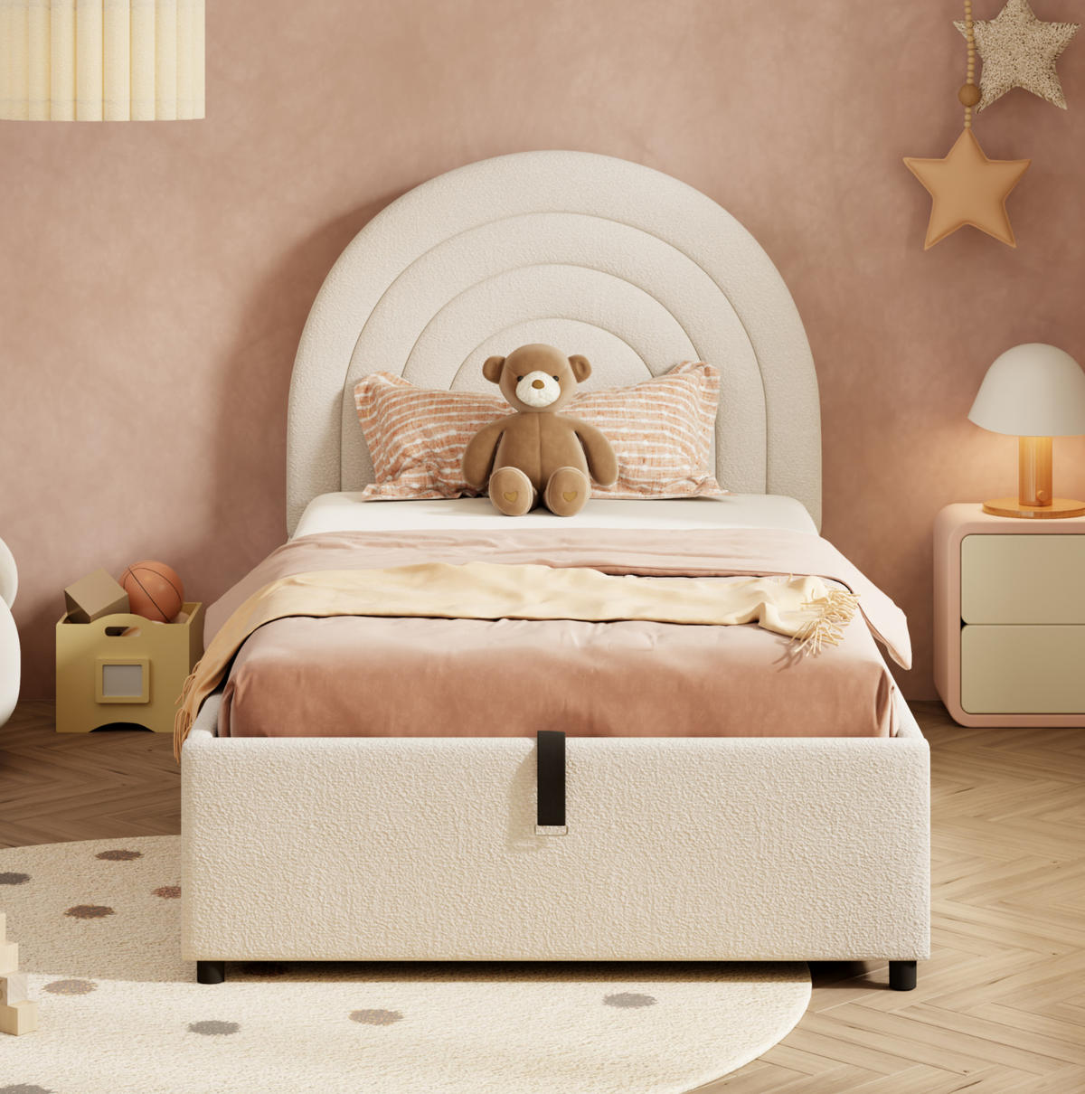 BETT mit hydraulischem Stauraum 90x200 cm Bouclé Beige - Beige, Metall (90/200cm) - Beauniv