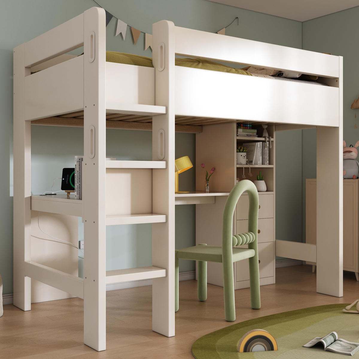 KINDEREINZELBETTEN aus Holz 90x200 cm in Weiß mit Schreibtisch & USB/Type-C-Ladefunktion - Weiß, Holz (90/200cm) - Modfu