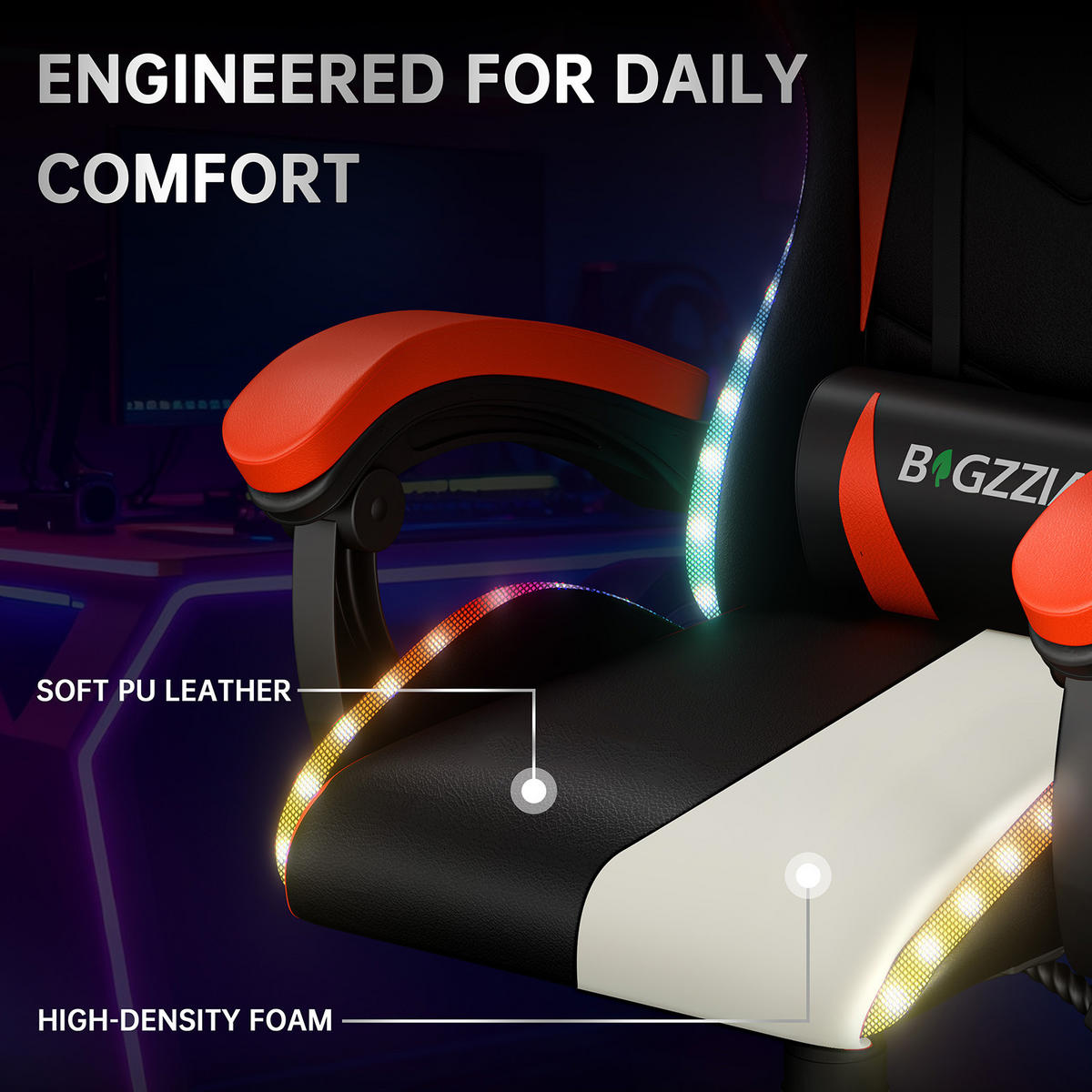 GAMINGSTUHL Schwarz-Rot,mit Led,Leder, Metall - Rot, Leder (29/59/79cm) - Rattrix