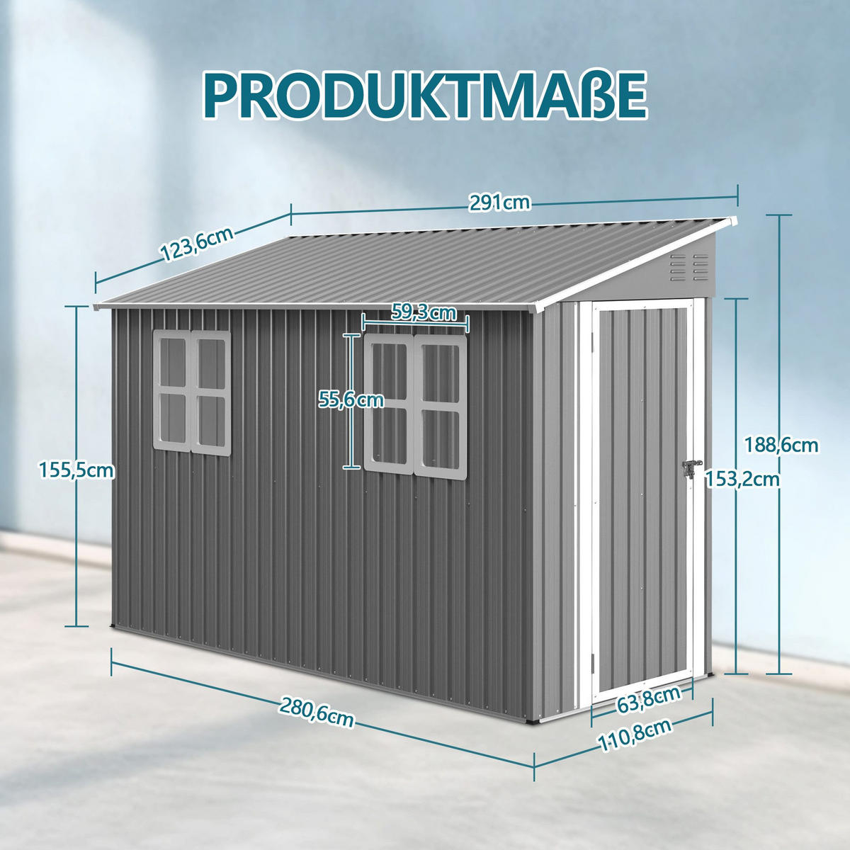 GERÄTEHAUS Metall-Anlehn-Geräteschuppen rostbeständig, wetterfest - Grau, Metall (280/110cm)