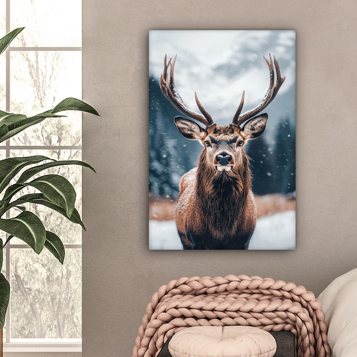 LEINWANDBILD Hirsche - Tiere - Landschaft - Winter - Schnee 60x90 cm - Kastanienfarben, Textil (60/90cm) - MuchoWow