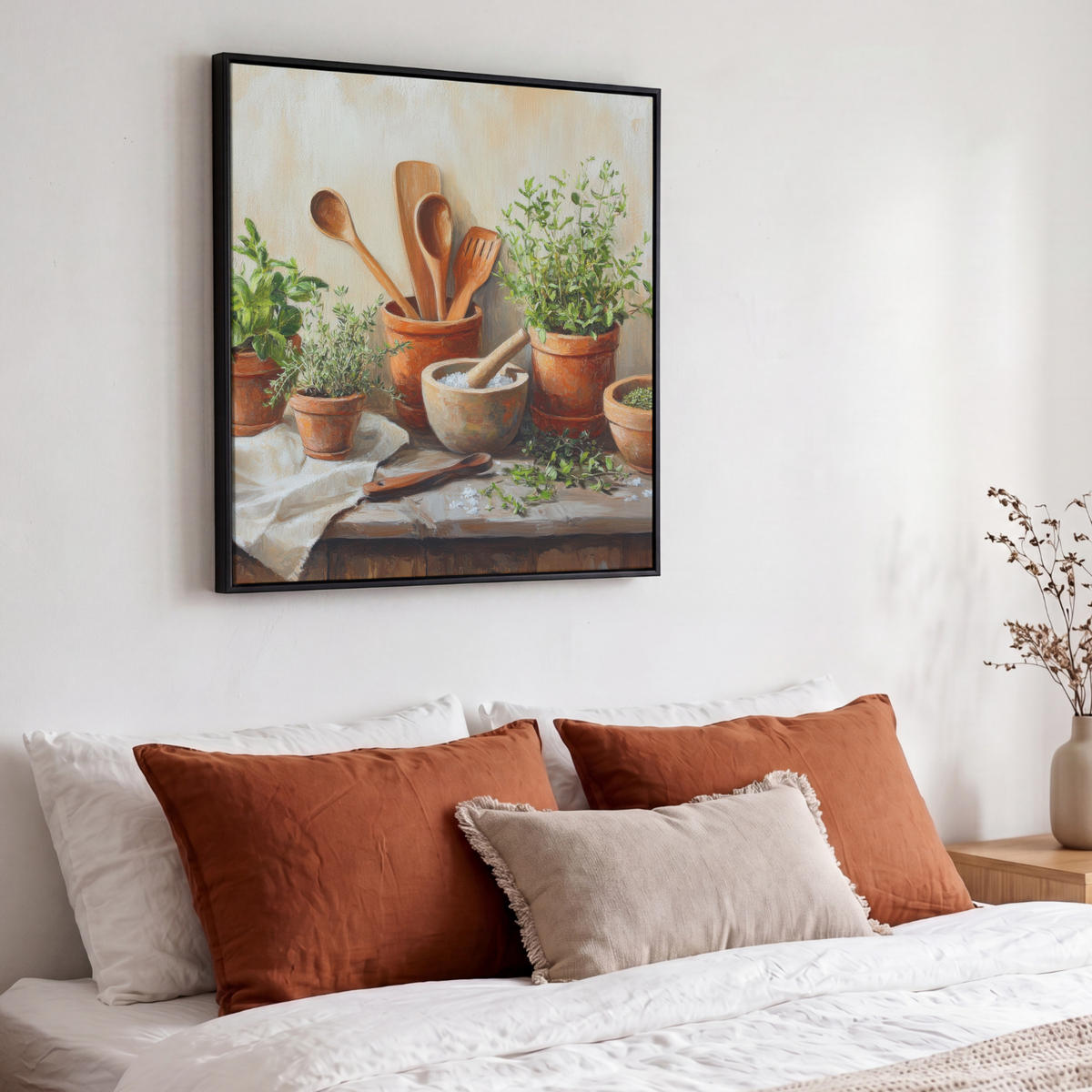 LEINWAND Bilder mit Rahmen - Töpfe - Kräuter - Holz - 50x50 - Terracotta, Textil (50/50cm) - MuchoWow