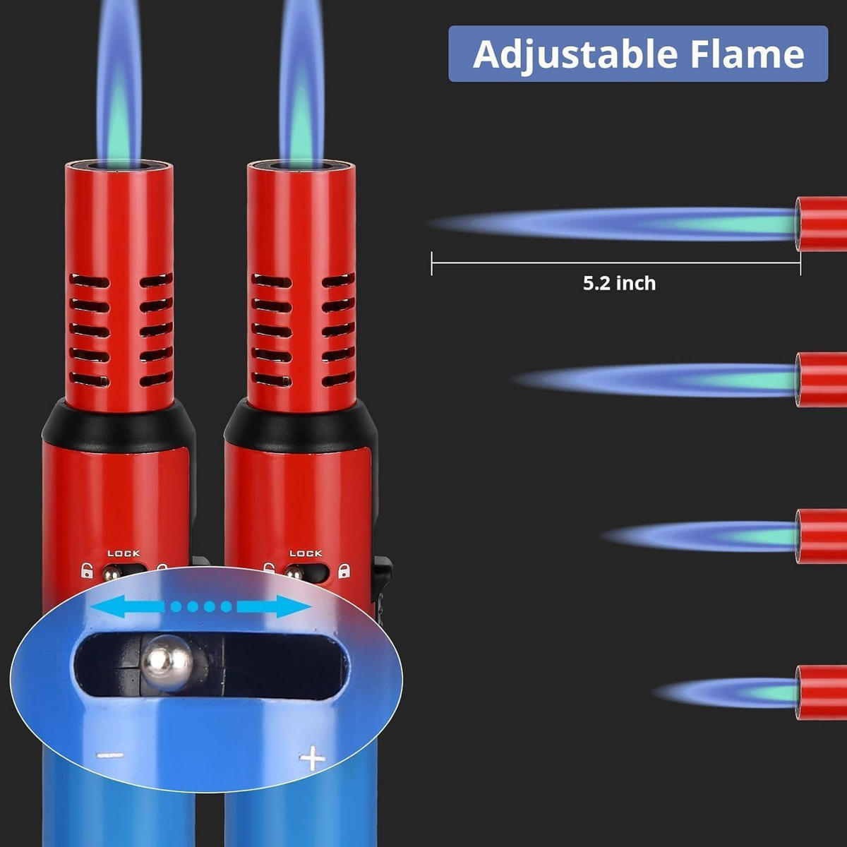 STABFEUERZEUG 2-teiliges Set nachfüllbar mit Sicherheitssperre und einstellbarer Flamme - Multicolor, Metall (3/2/18cm)