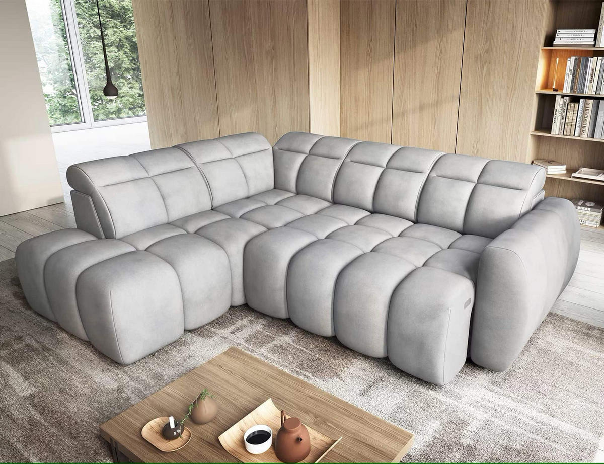 ECKSOFA mit elektrischem Sitzvorschub, Bettkasten und verstellbare Kopflehnen - Grau, Naturmaterialien/Textil (258/208cm) - Eltap