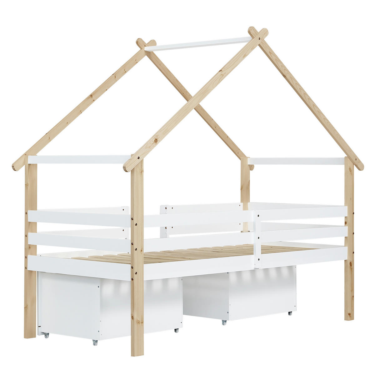 KINDEREINZELBETTEN aus Holz & MDF 90x200 cm in Weiß/Natur mit Treppe & 2 Fächern - Weiß, Holzwerkstoff (90/200cm) - Modfu