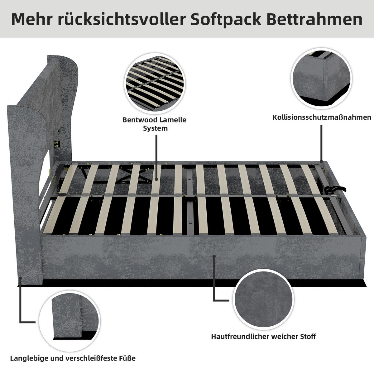 POLSTERBETT 160/200 cm in Grau Samt mit Gepolstertem Kopfteil - Grau, Holzwerkstoff/Textil (160/200cm) - WISHDOR