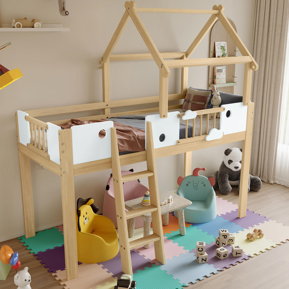 HOCHBETT aus Kiefer und MDF 90x200 cm Weiß/Natur mit Dachdesign, Fallschutz und dreistufiger Schrägleiter - Naturfarben, Holzwerkstoff (90/200cm) - Modfu