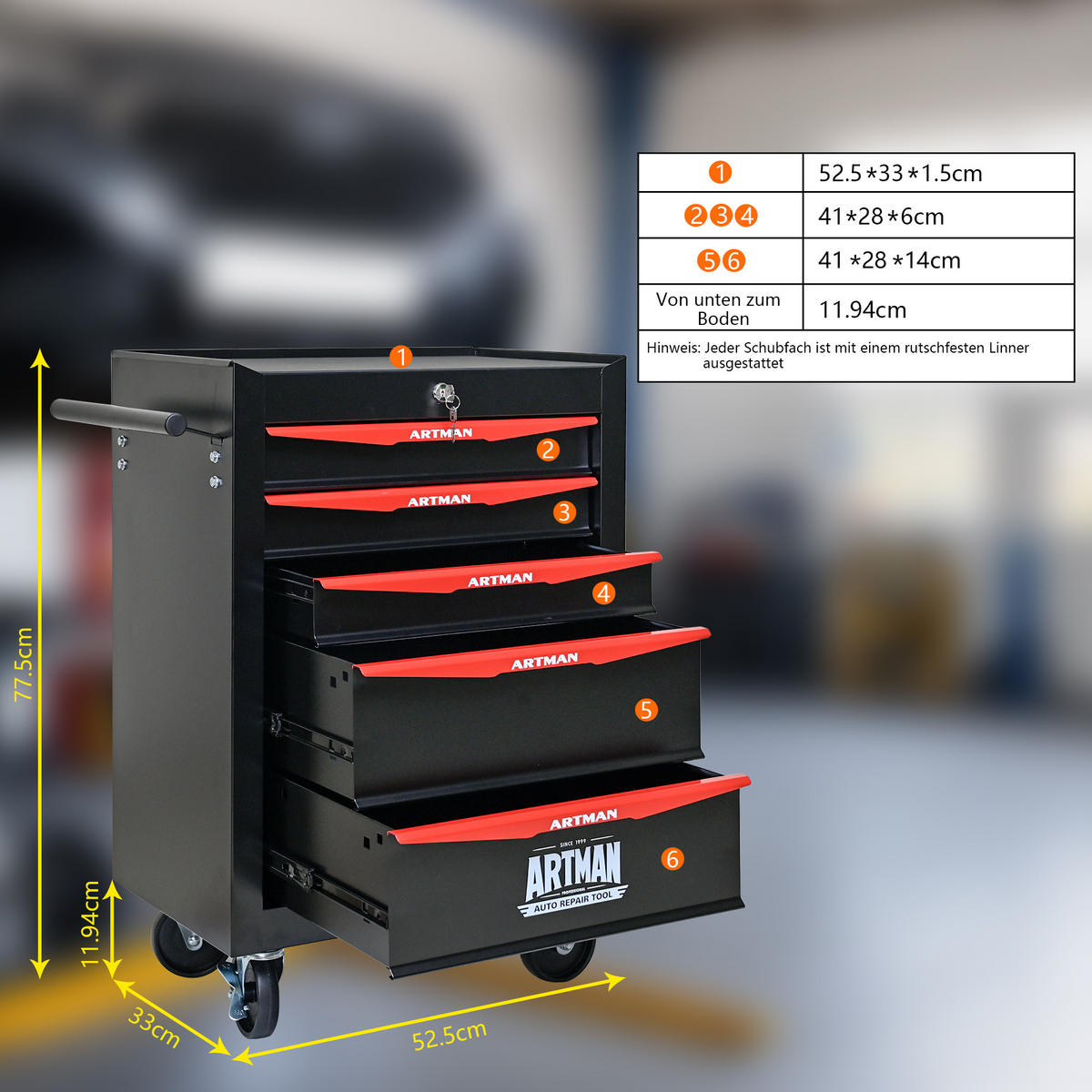 KOMBINATIONS-WERKZEUGSCHRANK – 5 Schubladen – 508 mm (20 Zoll) – Farbgebung: Schwarz und Rot - Multicolor, Metall (33/77.5/60cm) - DCA