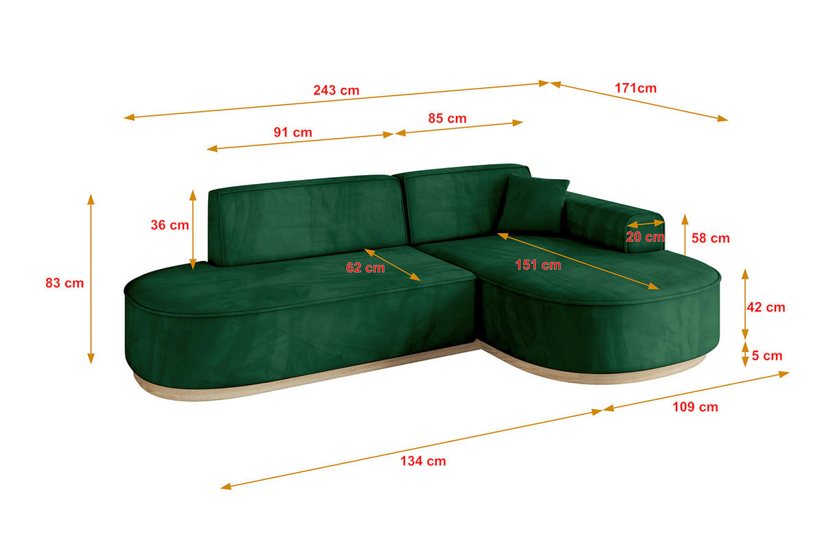 ECKSOFA Ottomane Rechts MARI-L1-v1 - 243x171x83 cm Dunkelgrün Velours - Dunkelgrün, Holzwerkstoff/Textil (171/243cm) - ALTDECOR