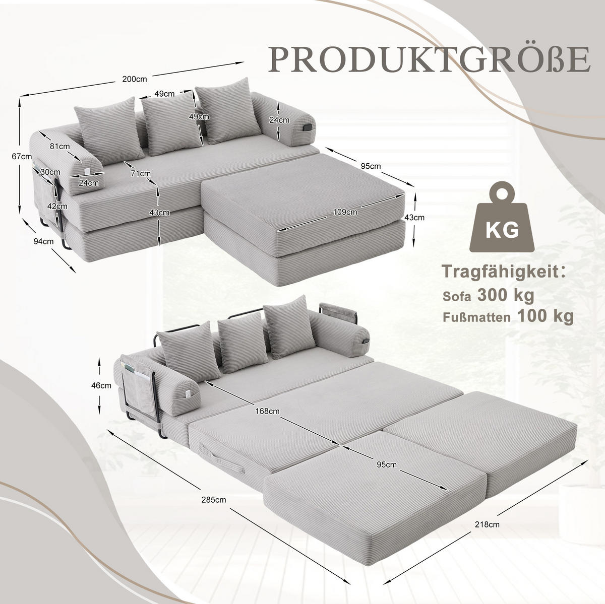 SOFA 200/190/67 cm in Hellgrau aus Cord mit Hocker - Hellgrau, Textil (190/67/200cm) - Flora Grace
