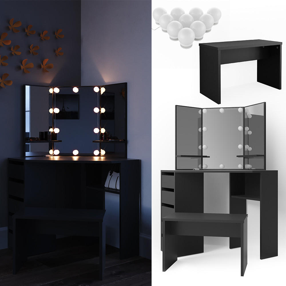 ECKSCHMINKTISCH Arielle Schwarz 110 cm mit LED Beleuchtung und Bank - Schwarz, Holzwerkstoff (110/141.5/54cm) - Vicco