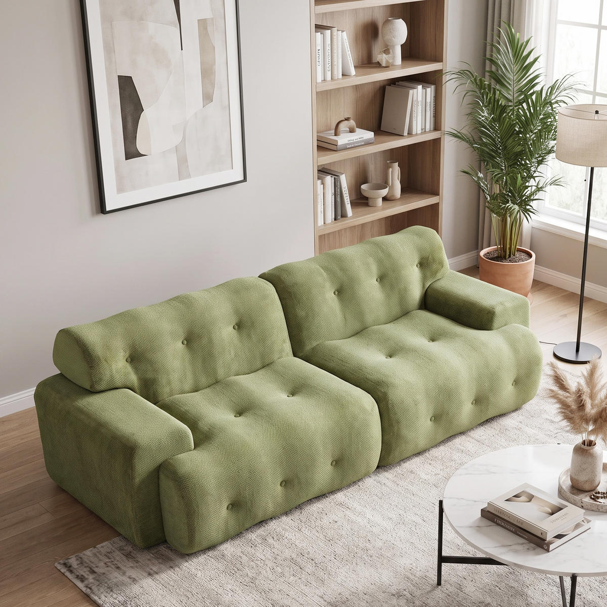 2-SITZER SOFA Cloud Übergroß Chenille Grün mit Knopfverzierung - Grün, Textil (224/66/104cm) - Urban Meuble